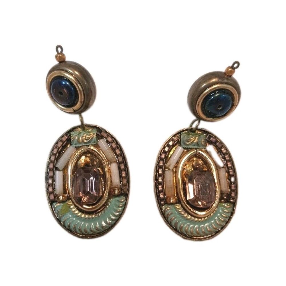Art Deco Revival Drop Earrings Purple Rhinestone Turquoise Enamel Statement